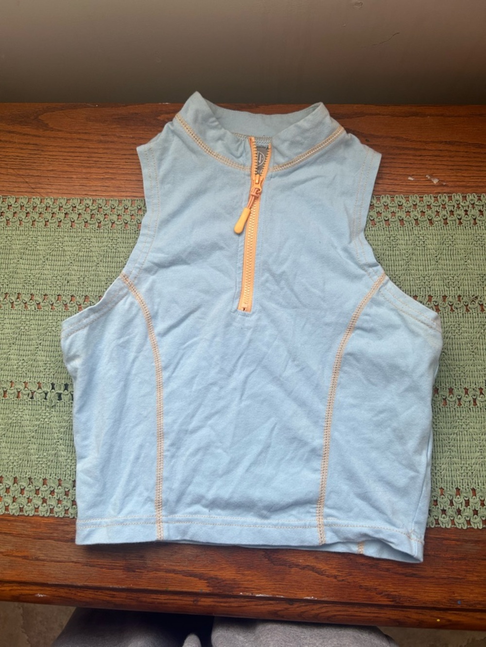 Light Blue Sleeveless Crop Top with Peach Zip